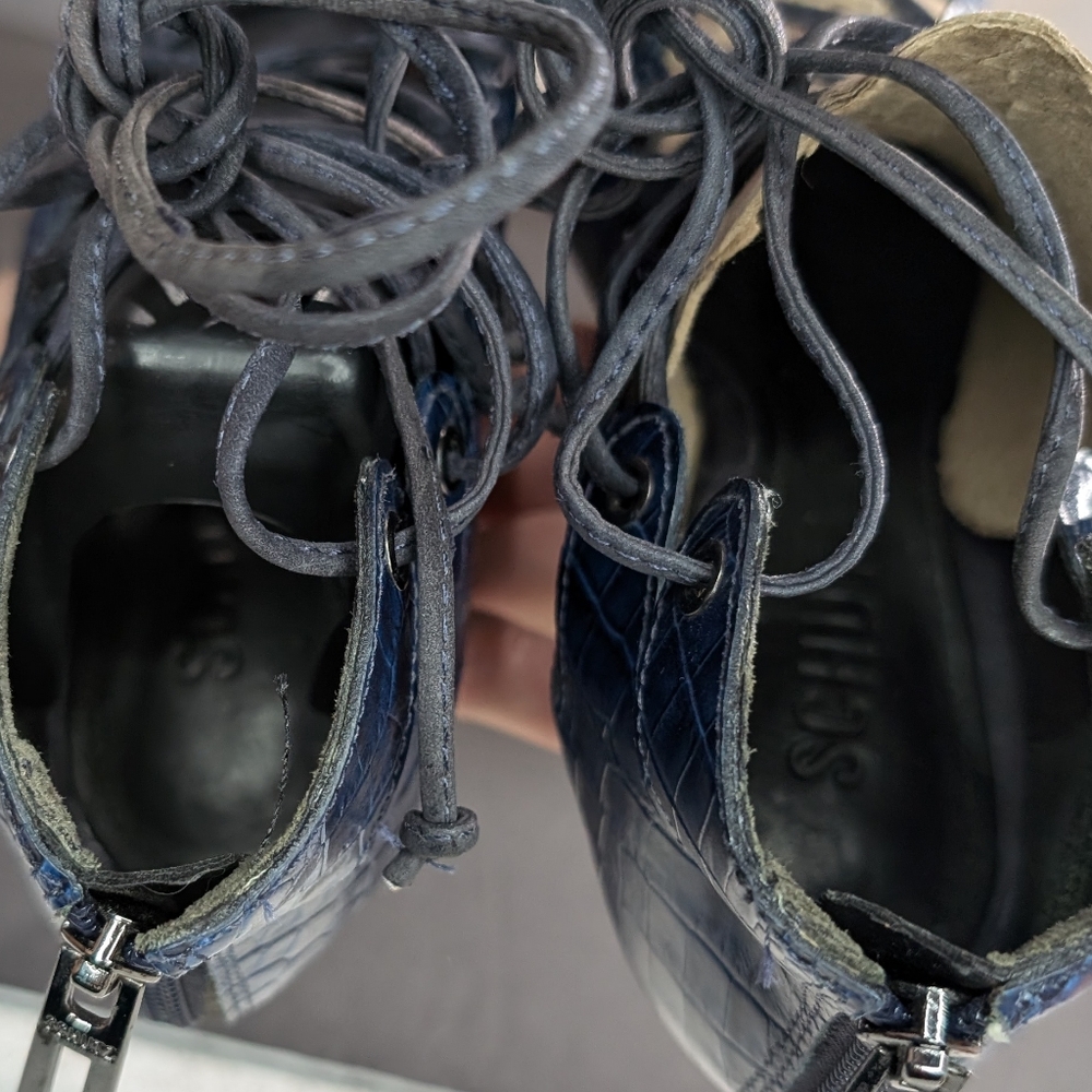 SCHUTZ 6.5B Mestico cobalt croc lace up gladiator booties 3" spike heel - Picture 3 of 10